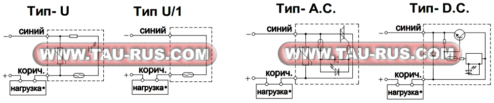 Схемы подключения герконовых датчиков 1500.U(DC,AC) и 1600.U(DC,AC) с длиной кабеля 2 м