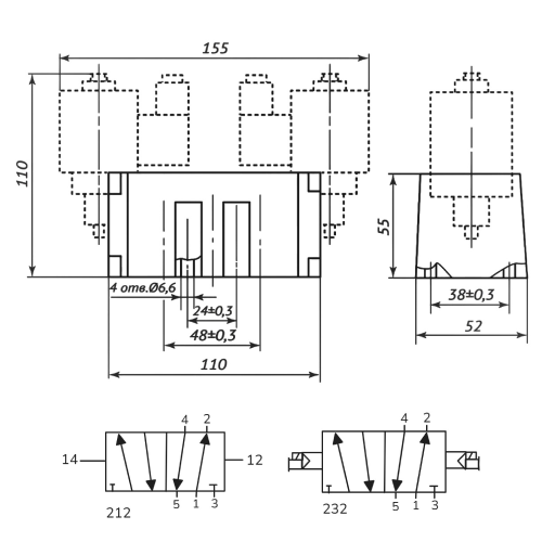 Габаритные и присоединительные размеры пневмораспределителей 5Р2-232-02-...