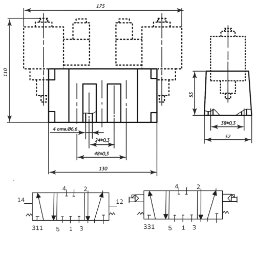 Габаритные и присоединительные размеры пневмораспределителей 5Р2-331-02-...