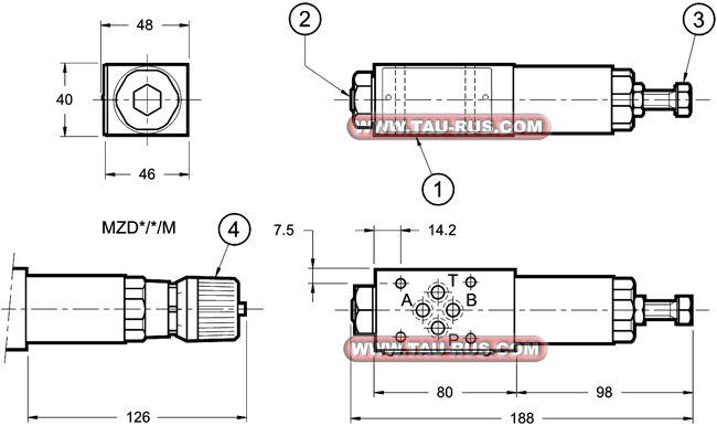 Габаритные и присоединительные размеры клапанов MZD3/RP/M/50, MZD3/50, MZD5/M/50, MZD3/RB/51, MZD4/M/50, MZD4/50, MZD2/M/50, MZD4/B/50, MZD3/M/50, MZD3/RP/50, MZD4/A/50