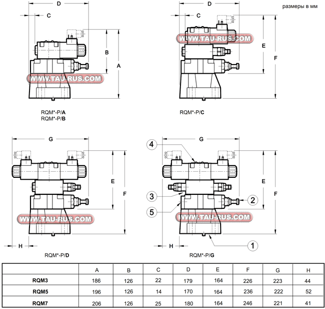 Габаритные и присоединительные размеры клапанов RQM3-P5/B/M/60N-D24K1/CM, RQM3-P6/A/60N-D24K1/CM, RQM3-P5/A/M/60N-D24K1/CM, RQM5-P6/D/60N-A110K1, RQM5-P6/A/M/60N-D24K1/CM, RQM7-P6/A/M/60N-D24K1/CM