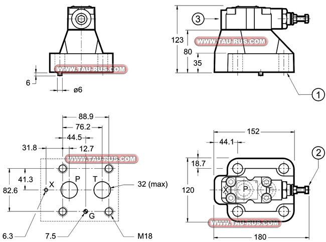 Габаритные и присоединительные размеры клапанов RQ7-P5/M/41, RQ7-P6/M/40