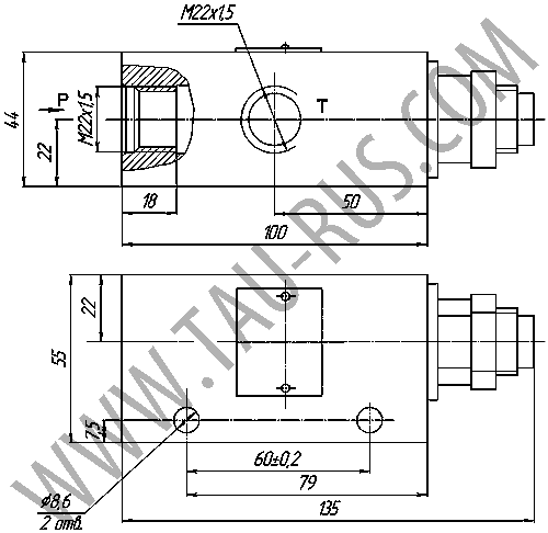 Габаритные и присоединительные размеры гидроклапана ГК2Р-25-00