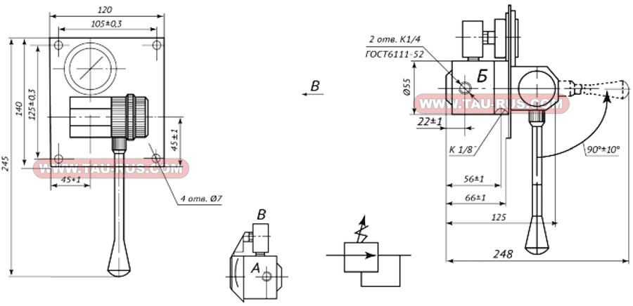 Габаритные размеры клапана редукционного ПКРТ.000