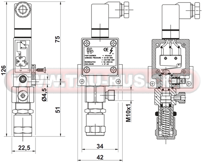 Габаритные и присоединительные размеры реле давления 49.045.0 (PFL), 49.046.0 (PFL)