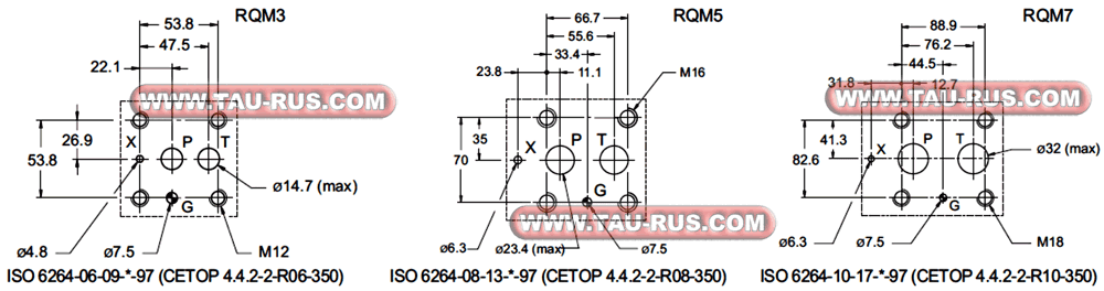 Монтажные размеры клапанов RQM3-P5/B/M/60N-D24K1/CM, RQM3-P6/A/60N-D24K1/CM, RQM3-P5/A/M/60N-D24K1/CM, RQM5-P6/D/60N-A110K1, RQM5-P6/A/M/60N-D24K1/CM, RQM7-P6/A/M/60N-D24K1/CM