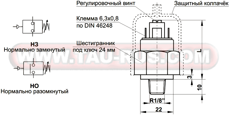 Устройство и типы реле давления 49.061(062).0(1,2,3,5,6) (PMN-1A(10A,20A,50A,150A,250A))