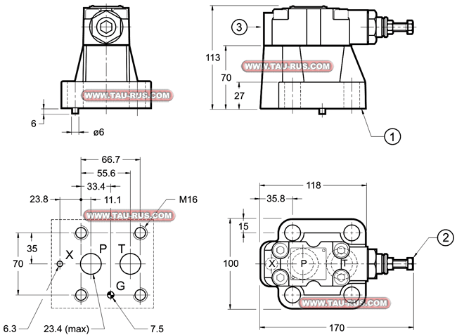 Габаритные и присоединительные размеры клапанов RQ5-P5/M/41, RQ5-P6/M/41
