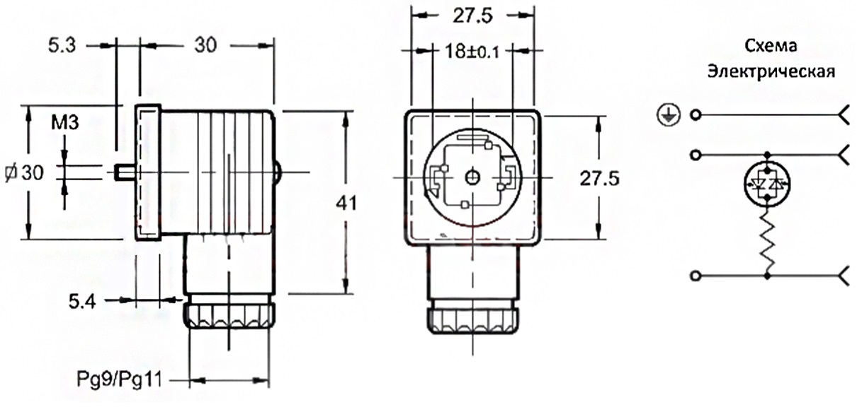 Размеры коннекторов DIN 43650A с индикацией