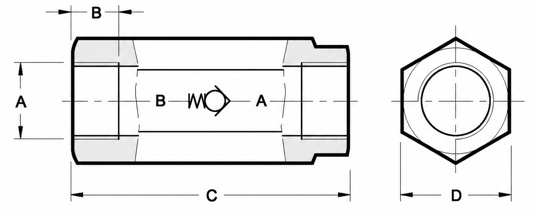 Размеры клапана обратного VD2 (VD3, VD4, VD5, VD6, VD7, VD8, VD9)-W(1, 2, T4, 3, 4)