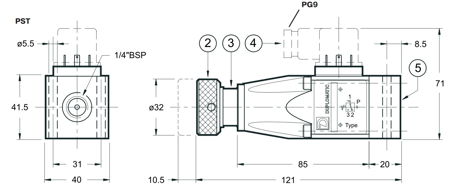 Габаритные и монтажные размеры Реле давления PST2, PST4, PST6, PST8