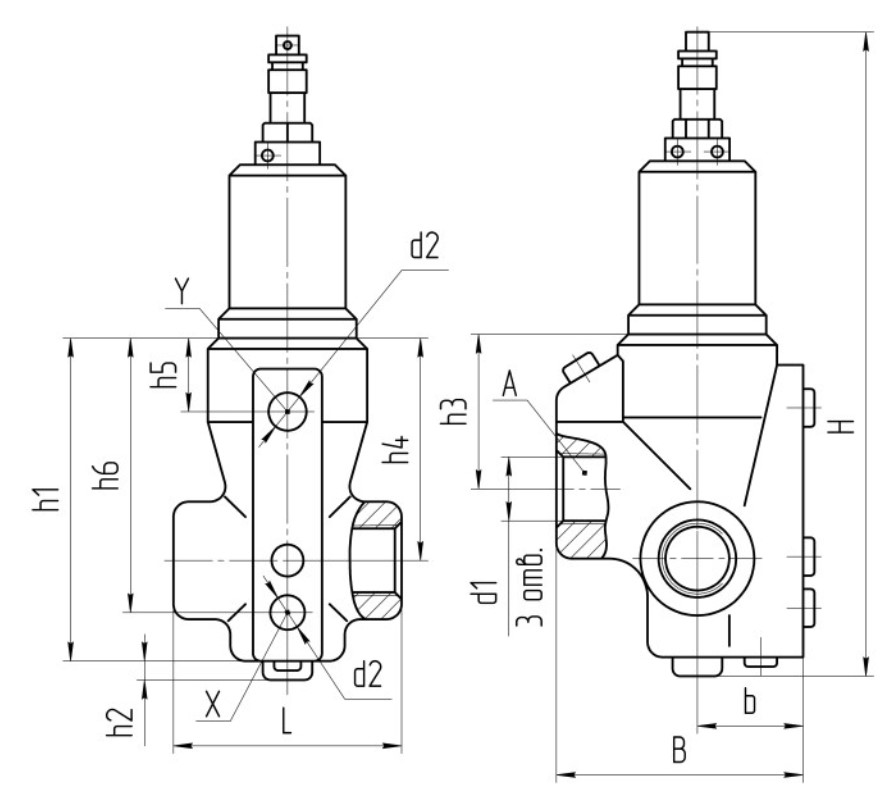 Габаритные и присоединительные размеры БГ54-35М - Гидроклапан давления трубного монтажа