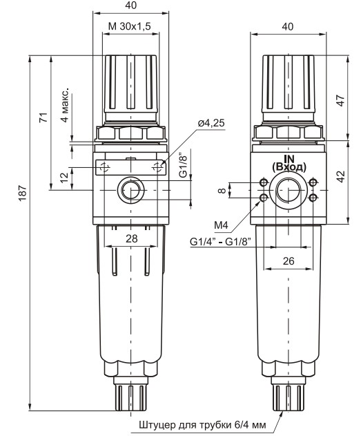 Размеры фильтров-регуляторов PNEUMAX 17104A(B), 17004B(A)
