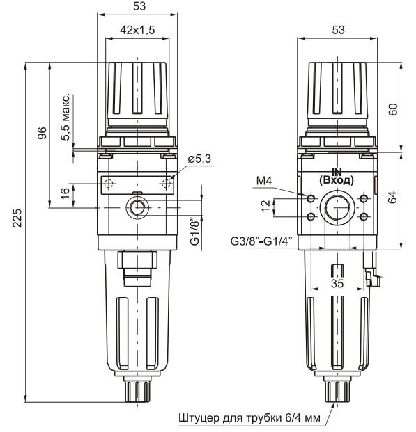 Размеры фильтров-регуляторов PNEUMAX 17204A, 17204B