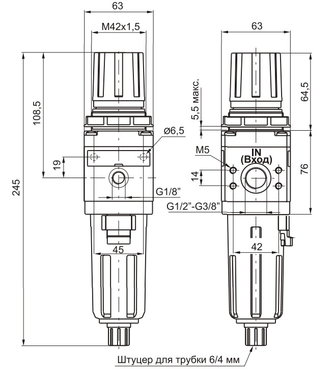 Размеры фильтров-регуляторов PNEUMAX 17304A, 17304B