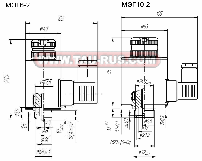 Габаритные и присоединительные размеры соленоидов (катушек) МЭГ6-1 и МЭГ6-2