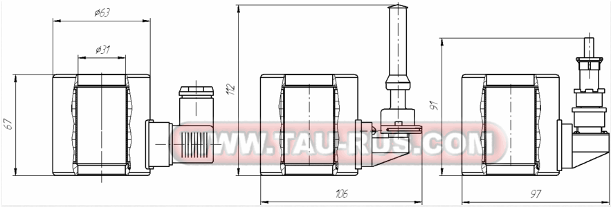 Основные габаритные и присоединительные размеры катушек для электромагнитов МЭГ6 с соединителем СЭ11-19, AMP Power Timer и 2РМГ