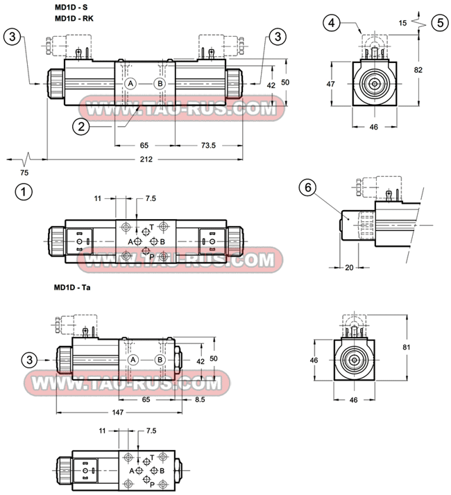 Габаритные и монтажные размеры клапанов MD1D-S1(S2,S3,S4,TA,..)/*