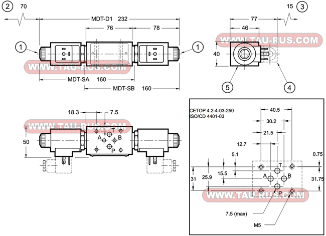 Габаритные и монтажные размеры клапанов MDT-D1(SA1,SB1)/10-*