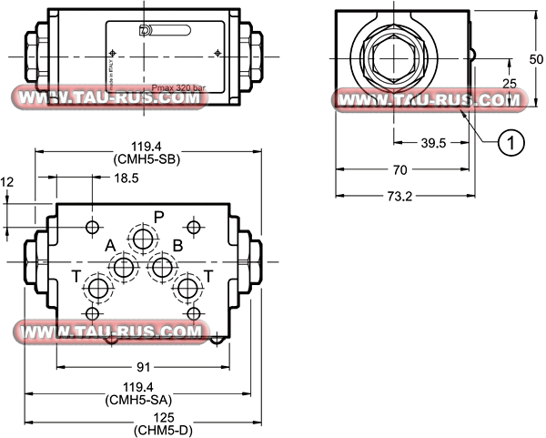 Габаритные и присоединительные размеры гидрозамков CHM5-D/10N, CHM5-SA/10N, CHM5-SB/10N
