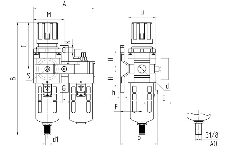 Чертеж БК-16 - Блок кондиционирования с манометром синий, G1/2