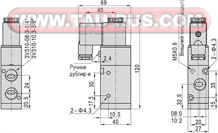 Габаритные и присоединительные размеры пневмораспределителей 3V310-10 DC12V Габаритные и присоединительные размеры пневмораспределителей 3V310-10 DC12V