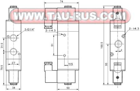 Габаритные и присоединительные размеры пневмораспределителя 3V420-15