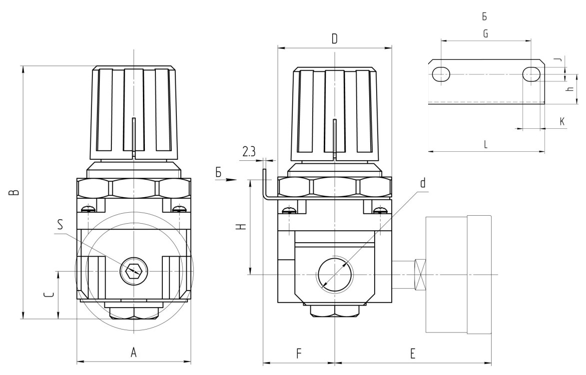 Габаритные и присоединительные размеры П-РК-25 - Пневмоклапан редукционный с манометром синий