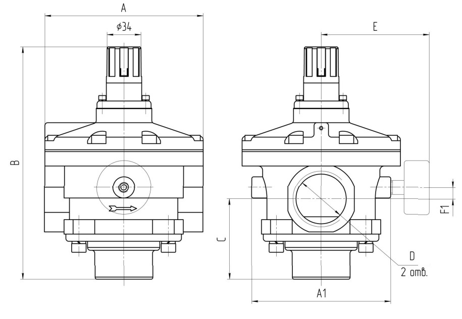 Габаритные и присоединительные размеры П-РК-50 - Пневмоклапан редукционный с манометром G2