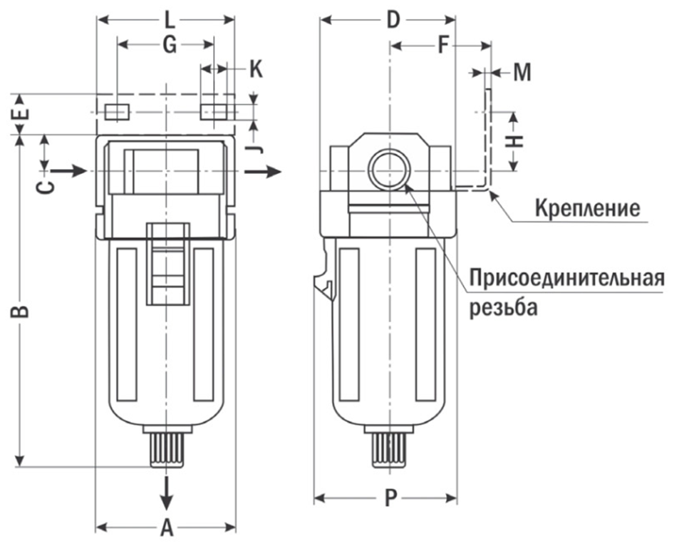 Габаритные и присоединительные размеры П-ФВ-06 - Фильтр-влагоотделитель серо-золотистый, G1/4