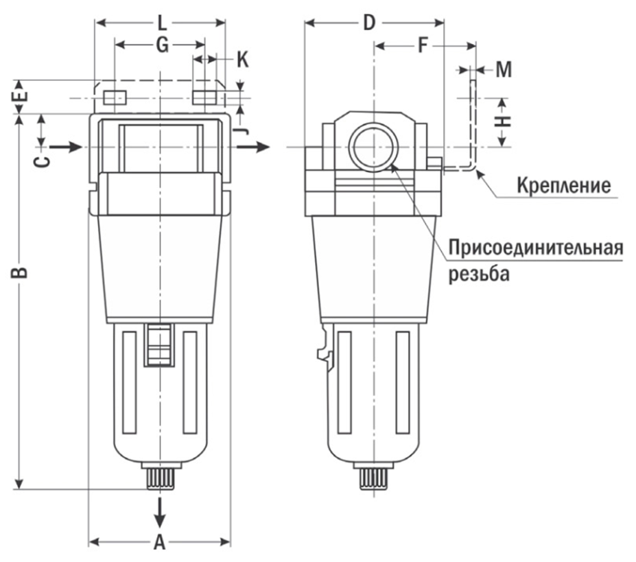 Габаритные и присоединительные размеры П-ФВ-25 - Фильтр-влагоотделитель серо-золотистый, G1