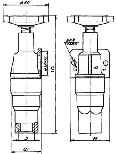Габаритные и присоединительные размеры входных вентилей П-МК0710, П-МК0716