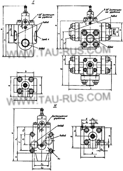 Габаритные и присоединительные размеры гидроклапанов Г52-12, Г52-13, Г52-14, ПГ52-12, ПГ52-14