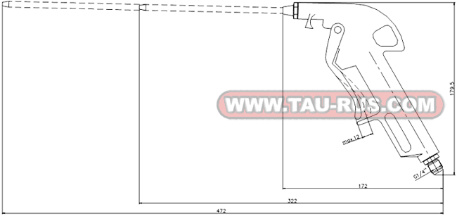 Габаритные и присоединительные размеры обдувочных пистолетов PA/4_50040, PA/4L_50041, PA/4LL_50042, PA/4N_50047, PA/4NL_50048, PA/4NLL_50049