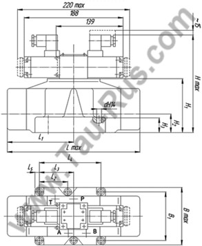Габаритные размеры гидрораспределителей 1Р323АЕ, 1Р323АЛ, 1Р323БЕ, 1Р323БЛ