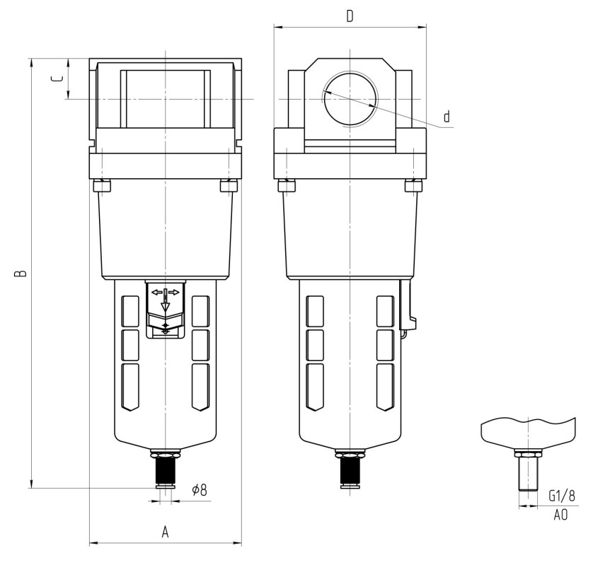 Габаритные и присоединительные размеры П-ФВ-25 - Фильтр-влагоотделитель синий, G1