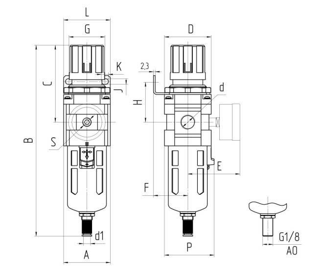 Габариты и присоединительные размеры П-ФРК-04 - Фильтр-регулятор с манометром