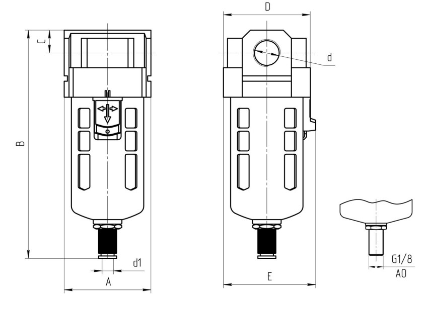 Габаритные и присоединительные размеры П-ФВ-16 - Фильтр-влагоотделитель без фильтроэлемента  