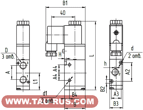 Пневмораспределители 3Р-6-233-3 (24, 110, 220 В), 3Р-10-233-3 (24, 110, 220 В), 3Р-16-233-3 (24, 110, 220 В)
