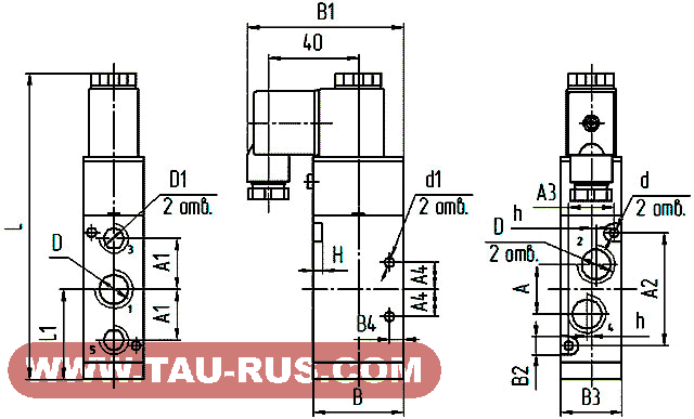 Пневмораспределители 5Р-6-233-3 (24, 110, 220 В), 5Р-10-233-3 (24, 110, 220 В), 5Р-16-233-3 (24, 110, 220 В)