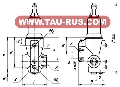 Габаритные и присоединтельные размеры гидроклапана давления БГ54-35М, Г54-35М, АГ54-35М, БГ54-35, ВГ54-35М, ДГ54-35М