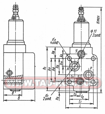Размеры клапана ПГ66, ПВГ66, ПБГ66, ПАГ66, ПДГ66 Модель гидроклапана Размеры, мм Hmax L B h1 h2 h3 h4 h5 h6 h7 h8 l1 l2 l3 l4 b d1 d2 Гидроклапан ПАГ66-32(М) 210 68 75 100 2 13 13 28 43 41 36 50 38 20 12 49 10 11 Гидроклапан ПГ66-32(М) Гидроклапан ПБГ66-32(М) Гидроклапан ПВГ66-32(М) Гидроклапан ПДГ66-32(М) Гидроклапан ПАГ66-34(М) 230 88 91 120 2 12 20 43 61 63 32 67 53,5 29,5 13,5 55 18 13 Гидроклапан ПГ66-34(М) Гидроклапан ПБГ66-34(М) Гидроклапан ПВГ66-34(М) Гидроклапан ПДГ66-34(М) 252 88 91 120 2 12 20 43 61 32 32 67 53,5 29,5 13,5 55 18 13 Гидроклапан ПАГ66-35(М) 270 108 108 160 2 10 26 70 93 96 32 80 60 32 20 64 25 17 Гидроклапан ПГ66-35(М) Гидроклапан ПБГ66-35(М) Гидроклапан ПВГ66-35(М)