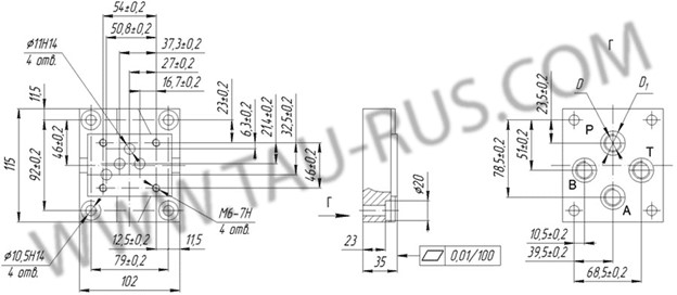 Размеры плит присоединтельных 114756.00 для гидрораспределителей Ду=10 мм