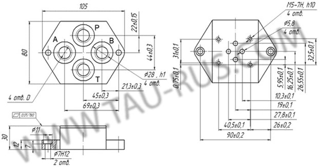 Размеры плит присоединтельных 138857, 141280 для гидрораспределителей Ду=6 мм