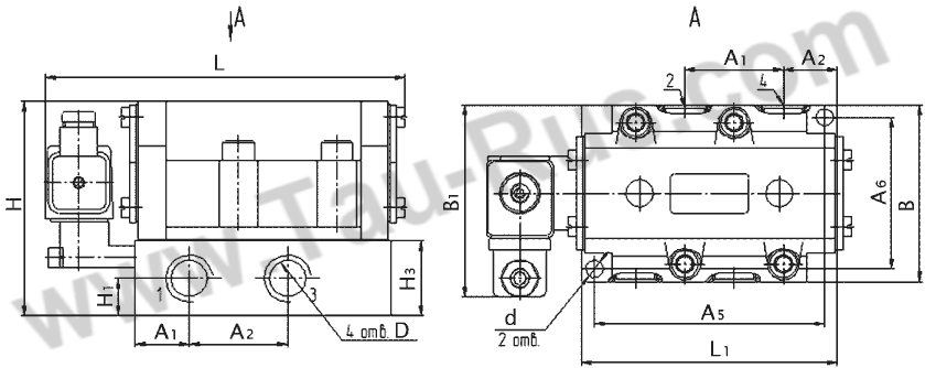 Размеры пневмораспределителя В64-25А-03, В64-33А-03, В64-34А-03
