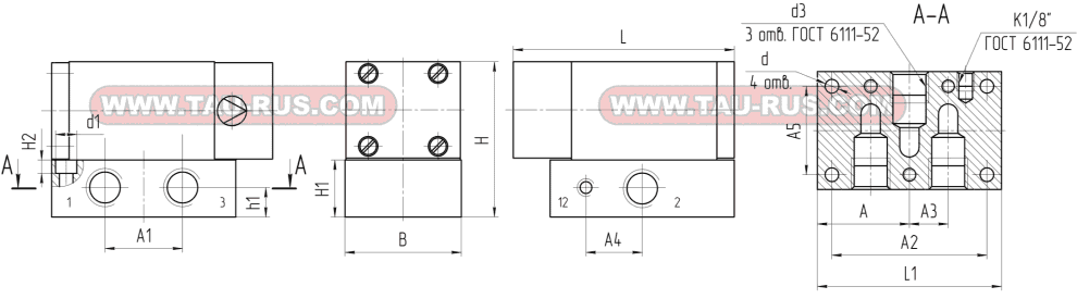 Размеры распределителей П-Р13П-12/10; П-Р13П-16/10; П-Р13П-20/10 П-Р13П-25/10; П-Р13П-32/10; П-Р13П-40/10 резьбовое присоединение