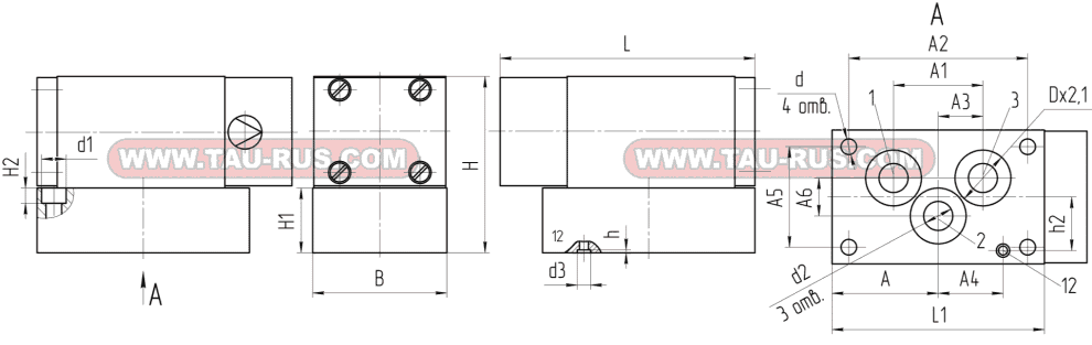 Размеры распределителей П-Р13П-16/10-01; П-Р13П-25/10-01; П-Р13П-40/10-01 стыковое присоединение
