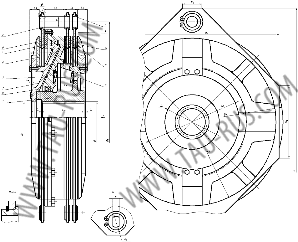 Чертёж (размеры), спецификация (деталировка) установки муфты и тормоза УВ3132, УВ3135, УВ3138, УВ3141, УВ3144, УВ3146