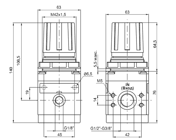 Размеры регуляторов давления 17302A.C, 17302A.D, 17302A.B, 17302A.A, 17302B.C, 17302B.D, 17302B.B, 17302B.A