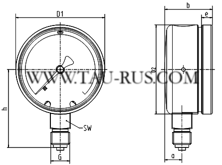 Размеры манометров вибростойких WIKA 213.40.063(100)